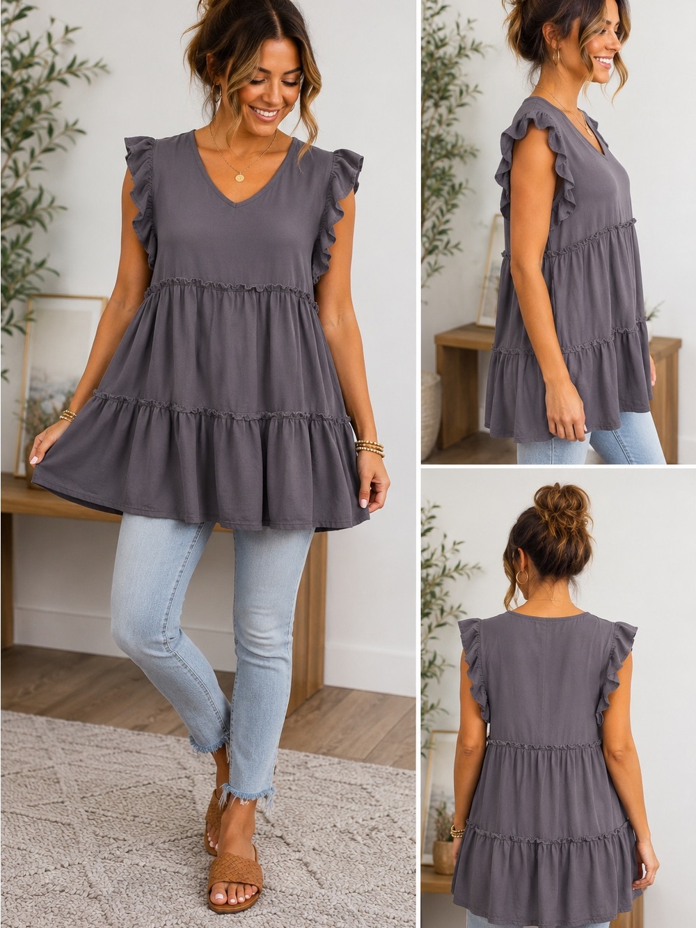 Zenana Gray Ruffle Sleeve Babydoll Tunic - Picture 2 of 6